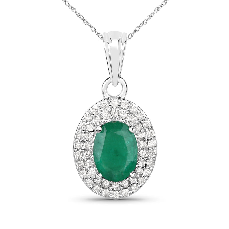14kt white gold pendant necklace with oval diamond halo and green emerald-cut center stone