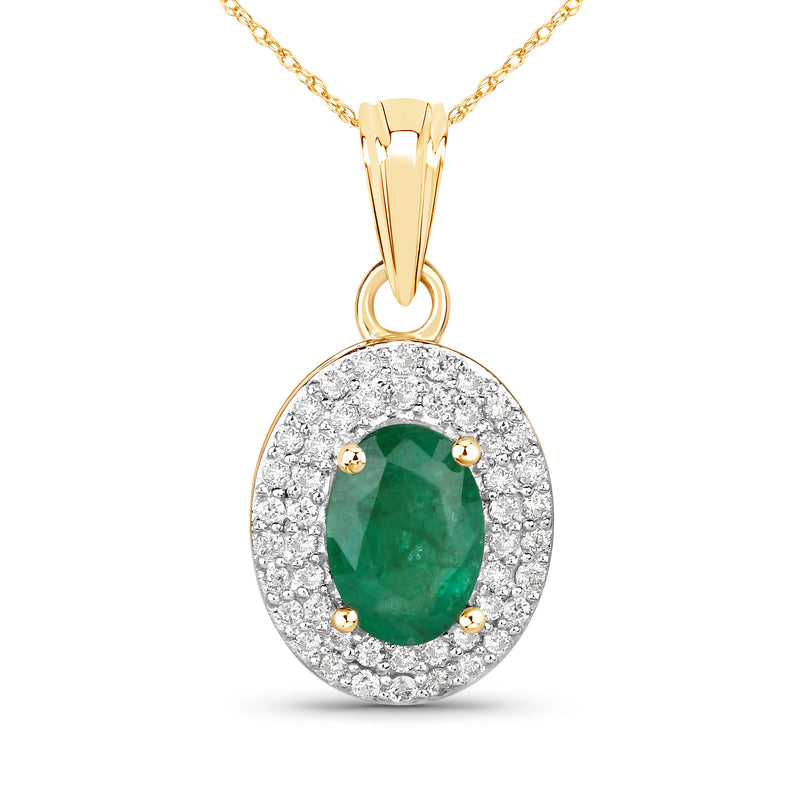 14kt yellow gold pendant with oval green emerald center and diamond halo