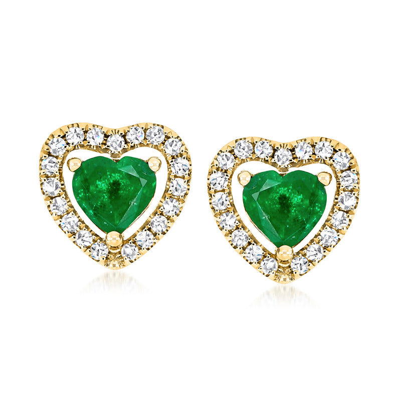 14kt yellow gold heart stud earrings with emerald green gemstone and diamond halo