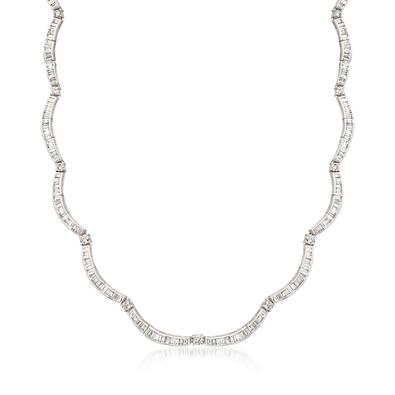 Platinum diamond baguette and round station necklace with continuous sparkle links