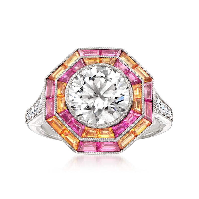 Platinum vintage ring with round diamond center, pink and orange gemstone halo, side diamonds