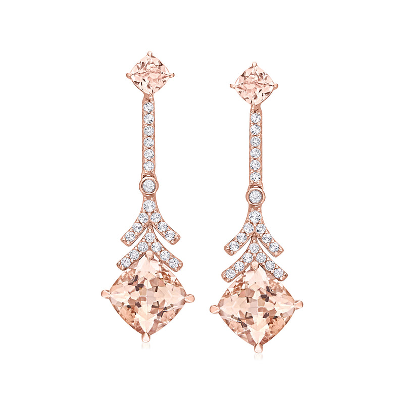 Rose gold morganite and white topaz drop earrings with pear and cushion-cut stones