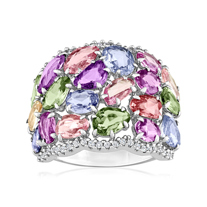 Multicolored sapphire and diamond ring in 14kt white gold, oval and round stones