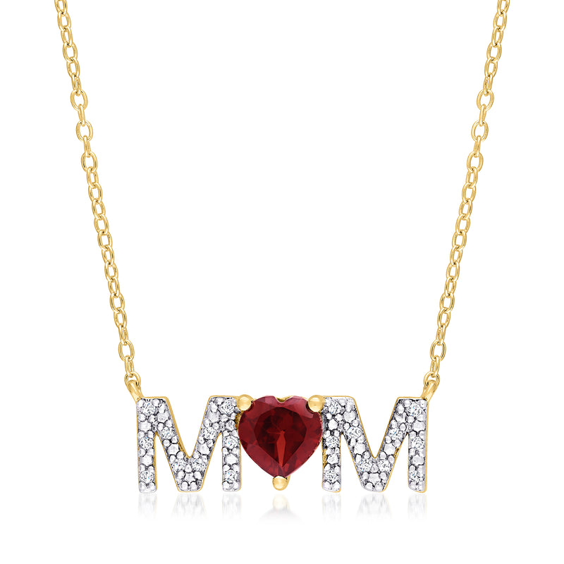 18k gold over sterling 'Mom' necklace with red garnet center and diamond-look letters