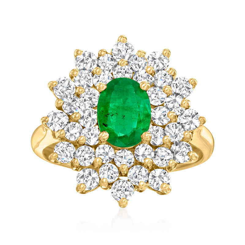 14kt yellow gold ring with oval green emerald center and diamond halo cluster