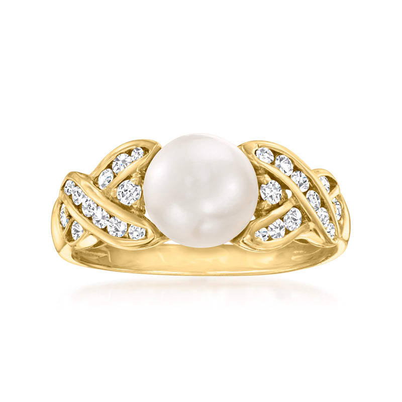 14kt yellow gold ring with 8mm cultured pearl center and diamond-accent heart prongs