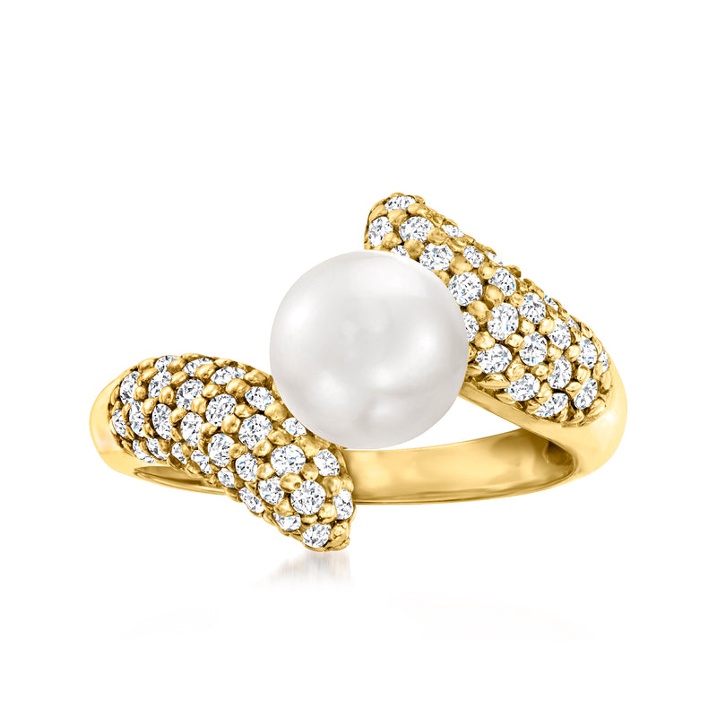 14kt yellow gold bypass ring with 8mm cultured pearl and pavé diamonds