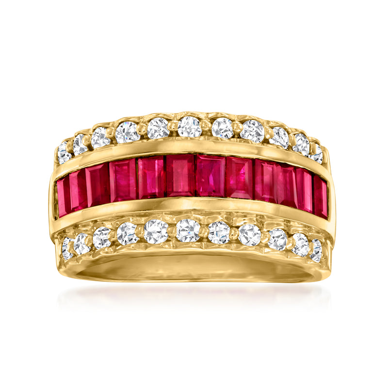 14kt yellow gold three-row ring with ruby center and diamond border rows