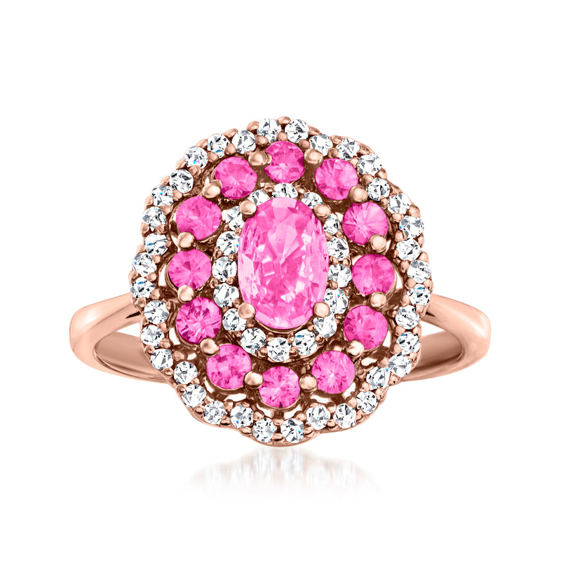 Rose gold oval pink sapphire flower halo ring with diamond accents