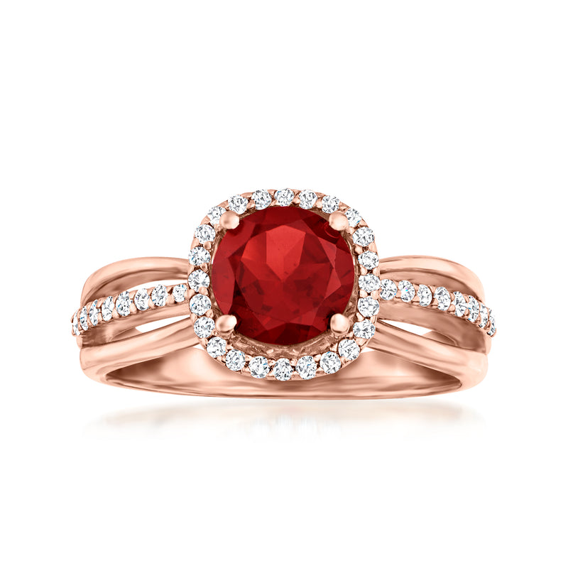Rose gold ring with oval red garnet center and round diamond halo and side bands