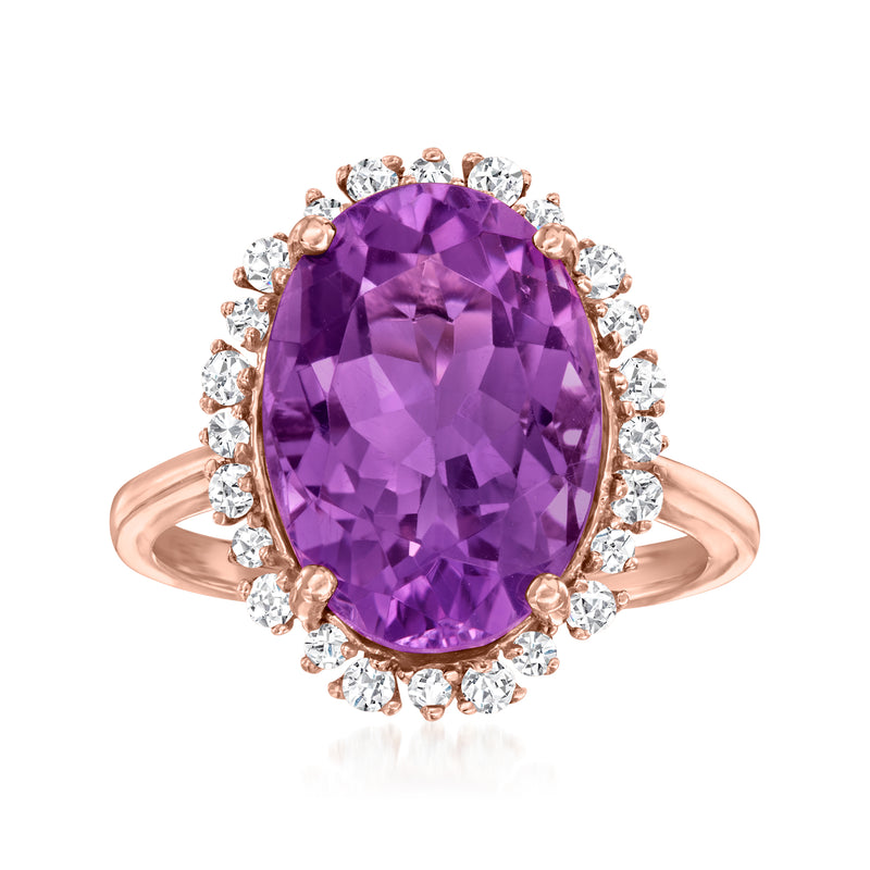 Oval amethyst and diamond halo ring in 14kt rose gold, prong-set gemstones