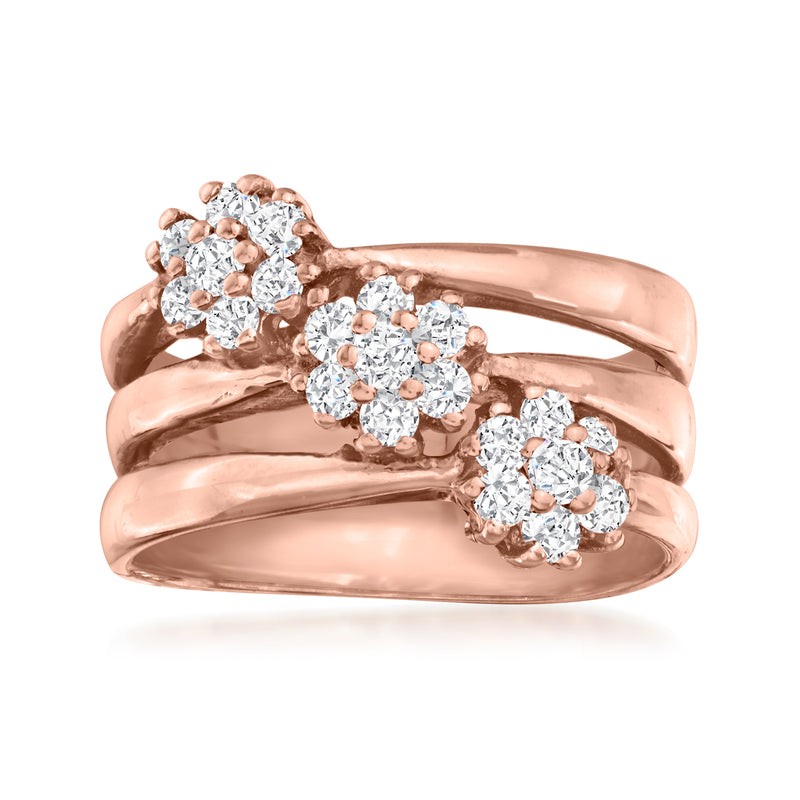 Three-row rose gold diamond flower ring with three round diamond clusters