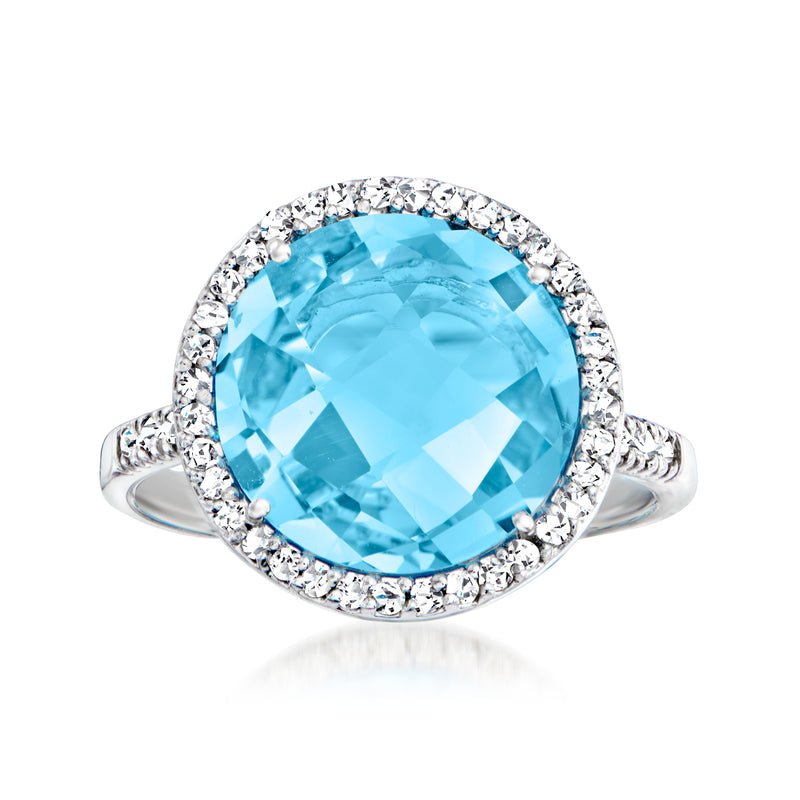 Swiss blue topaz and diamond halo ring in 14kt white gold