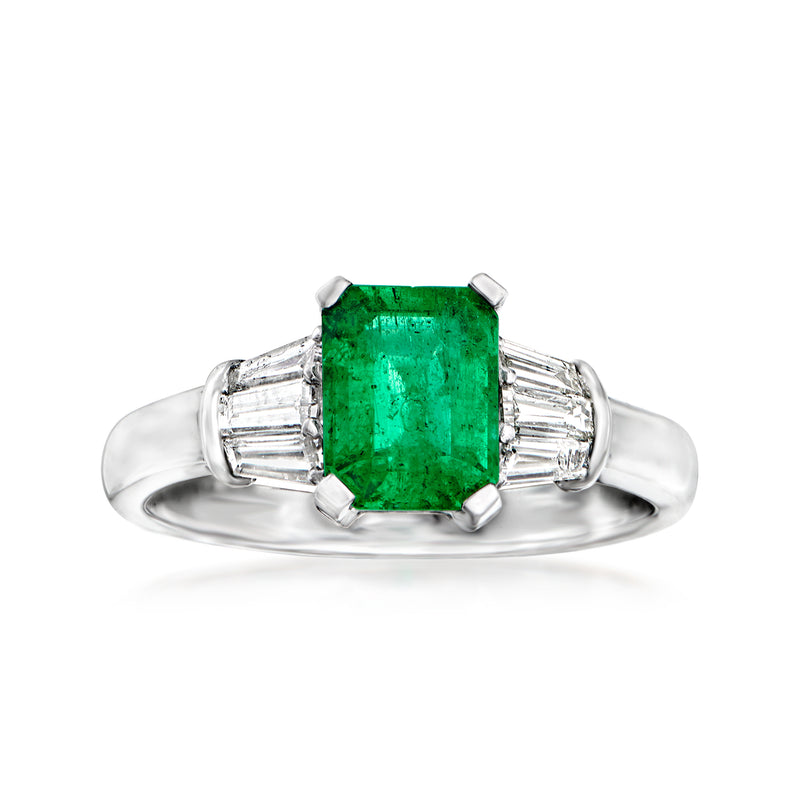Emerald-cut green gemstone diamond ring in 14kt white gold with baguette side stones