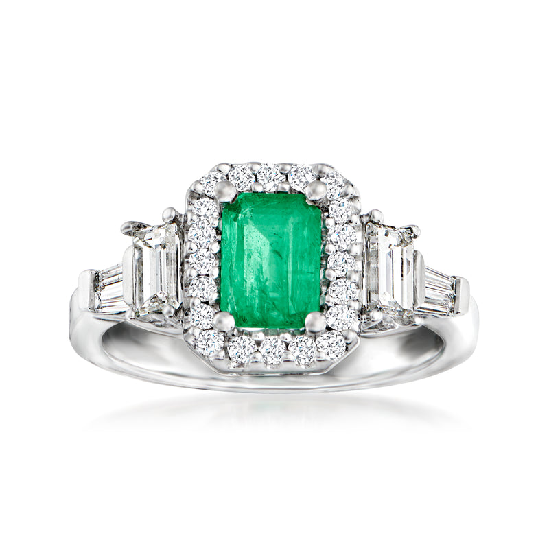 14kt white gold ring with emerald-cut green center stone, diamond halo and baguette sides
