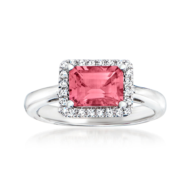 14kt white gold ring with square pink tourmaline center and diamond halo