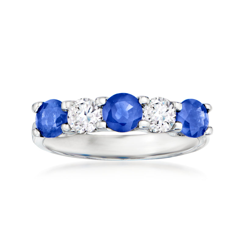 14kt white gold five-stone ring: oval blue sapphires with round white diamonds