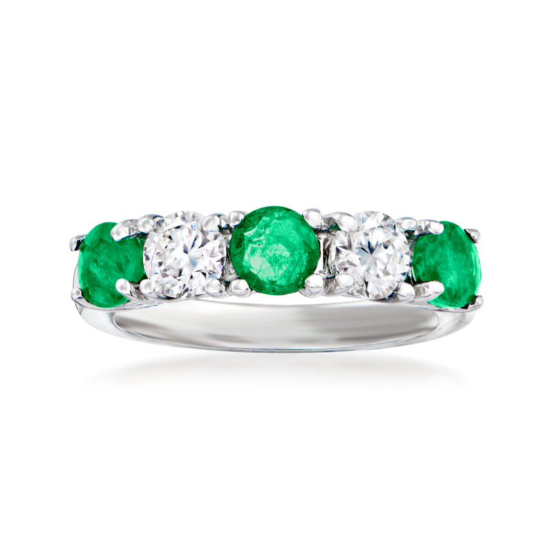 14kt white gold five-stone ring with green emerald center and diamond side stones