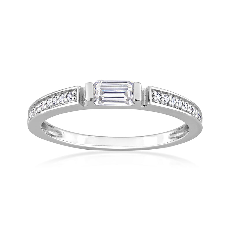 Sterling silver moissanite ring with baguette center stone and round side accents
