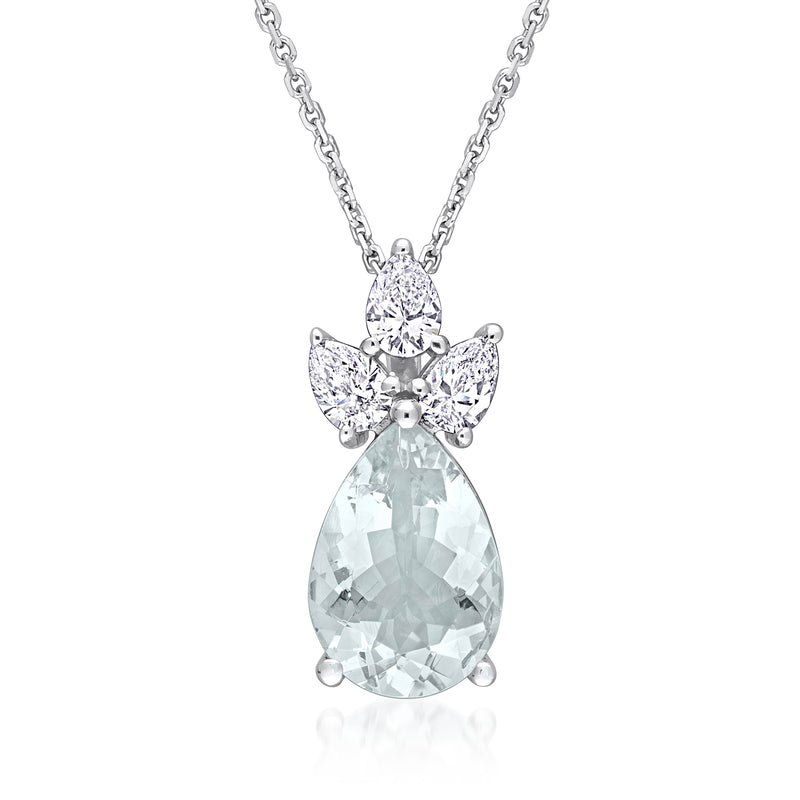 Pear-shaped aquamarine and diamond cluster pendant necklace in 14kt white gold