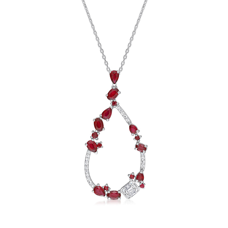 White gold teardrop necklace with red ruby stones and small diamond accents