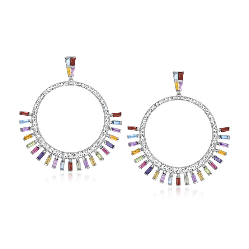 14kt white gold diamond halo drop earrings with multicolor gemstones and posts