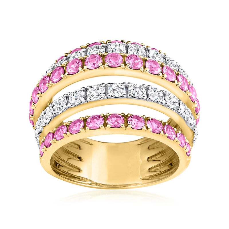 14kt yellow gold multi-row ring with pink sapphire and clear diamond accents