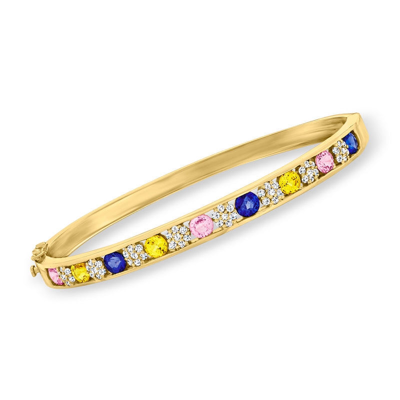 14kt yellow gold bangle bracelet with multicolored sapphires and diamond accents.