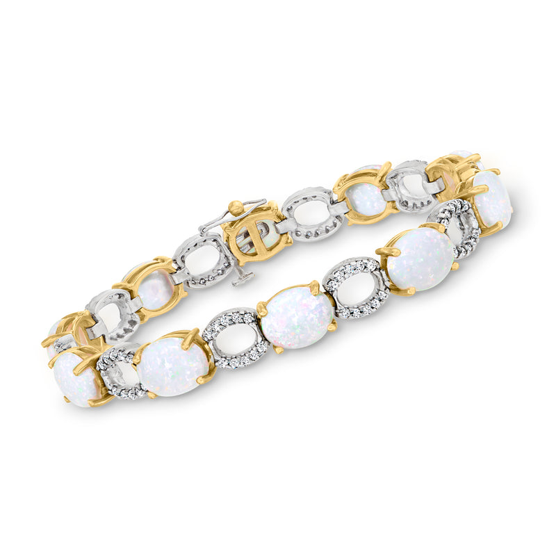 Two-tone 14kt gold bracelet with oval opal cabochons and diamond-like round accents