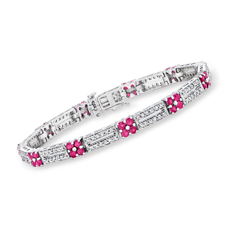 14kt white gold two-row flower bracelet with pink ruby and round-cut diamond accents