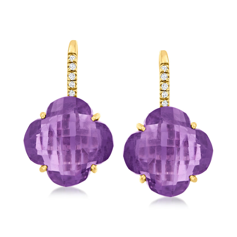 Amethyst clover drop earrings in 14kt yellow gold with diamond accents
