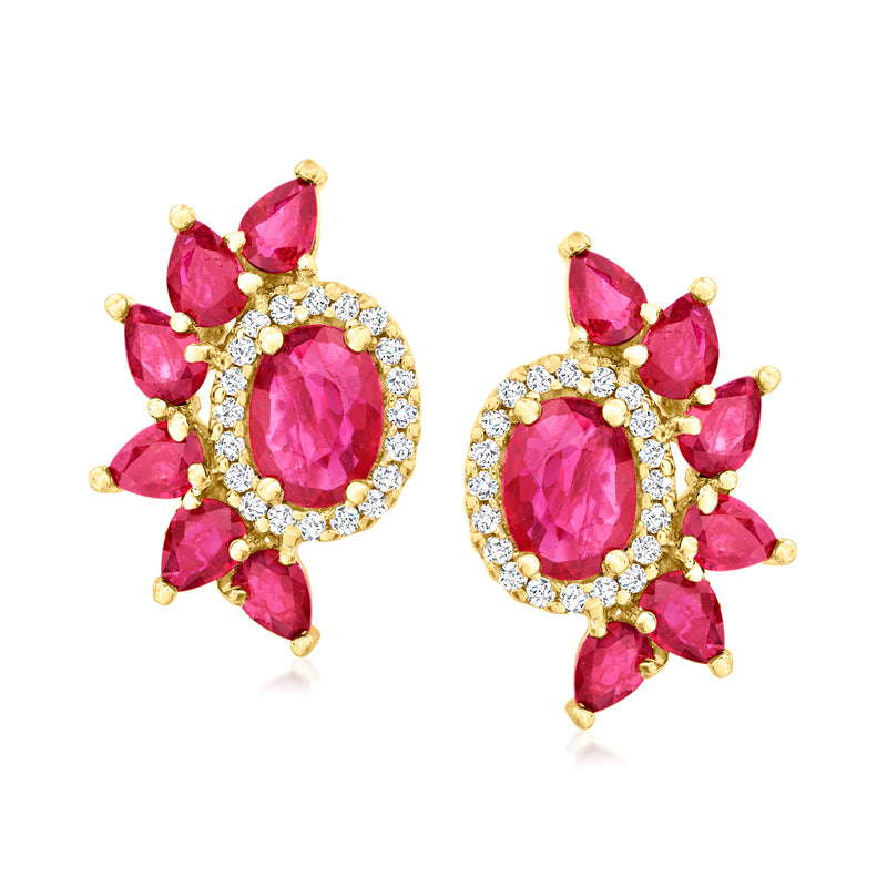 14kt yellow gold ruby & diamond cluster stud earrings, oval halo with pink gemstones