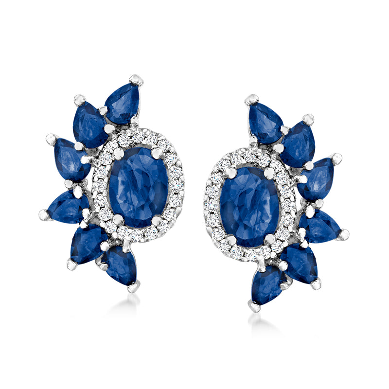 Blue sapphire and diamond halo stud earrings, oval center stones with white-gold posts