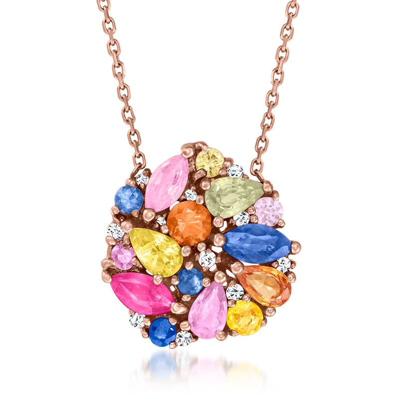 14kt rose gold cluster necklace with multicolored sapphires, rubies, and diamonds