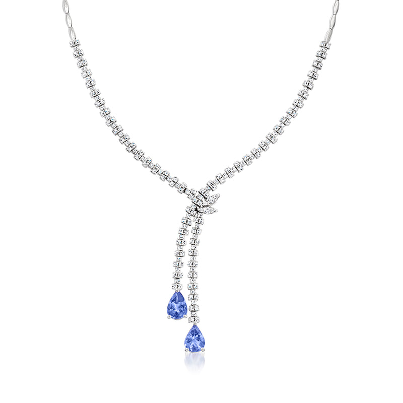 14kt white gold diamond necklace with dangling pear tanzanite drops