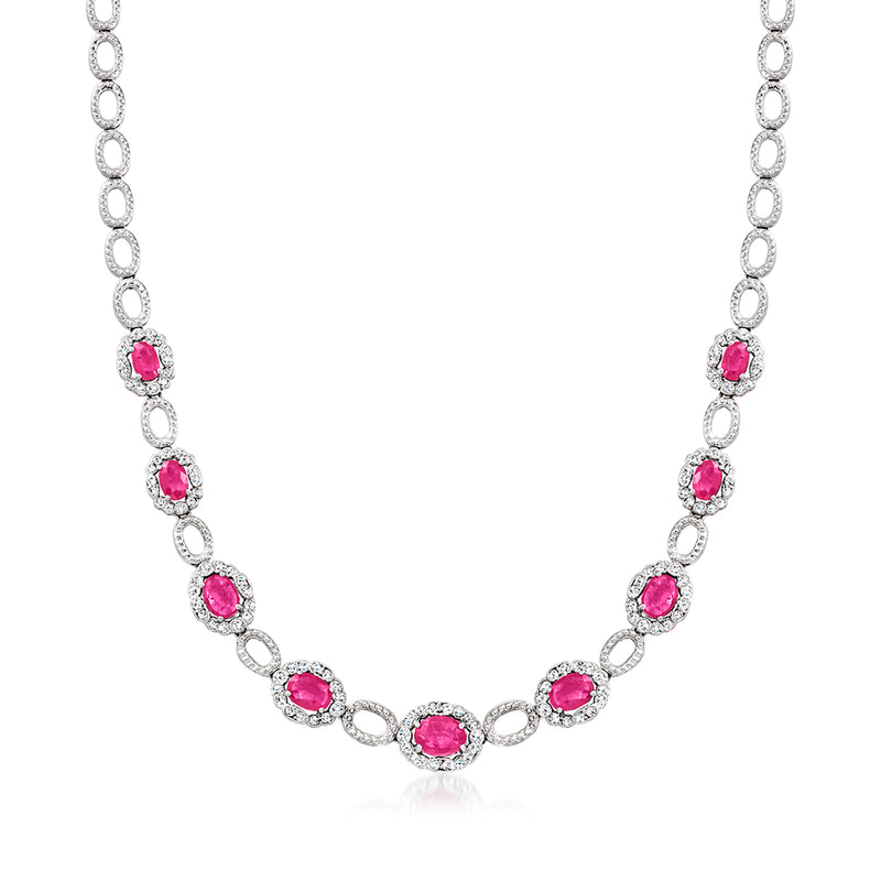 14kt white gold ruby and diamond link necklace with oval pink ruby stones