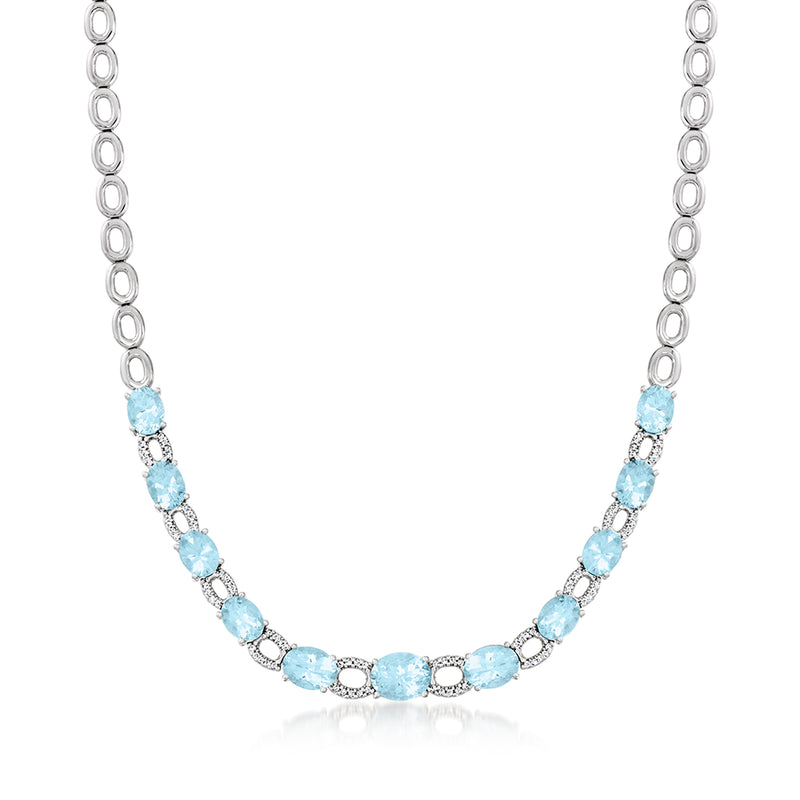 Aquamarine and diamond link necklace in 14kt white gold, oval blue stones and small accents