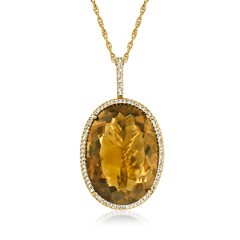 14kt yellow gold pendant necklace with oval smoky quartz and diamond halo