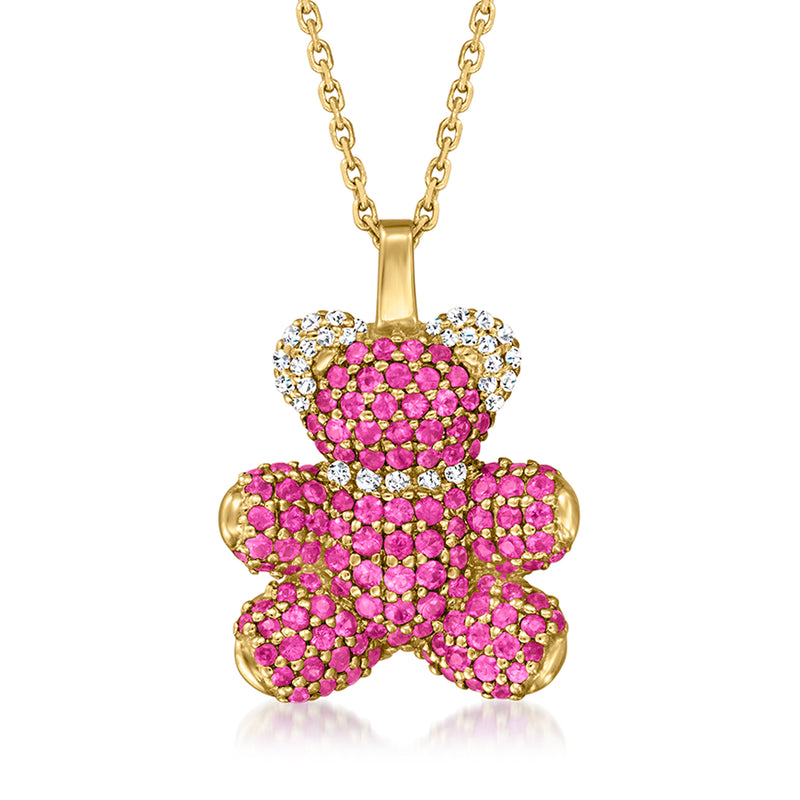 14kt yellow gold bear pendant necklace with pink ruby stones and diamond accents