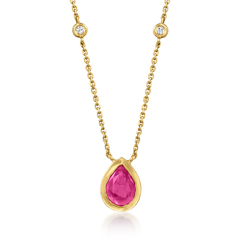 14kt yellow gold station necklace with teardrop bezel-set ruby pendant and diamond accents