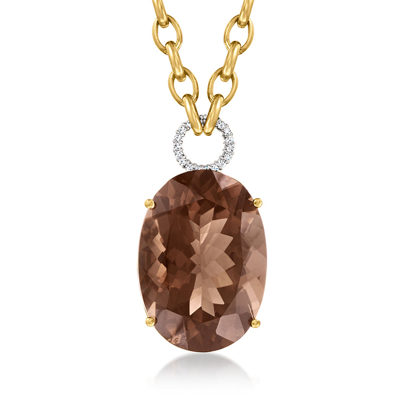 Gold link necklace with smoky quartz oval pendant and diamond halo accents