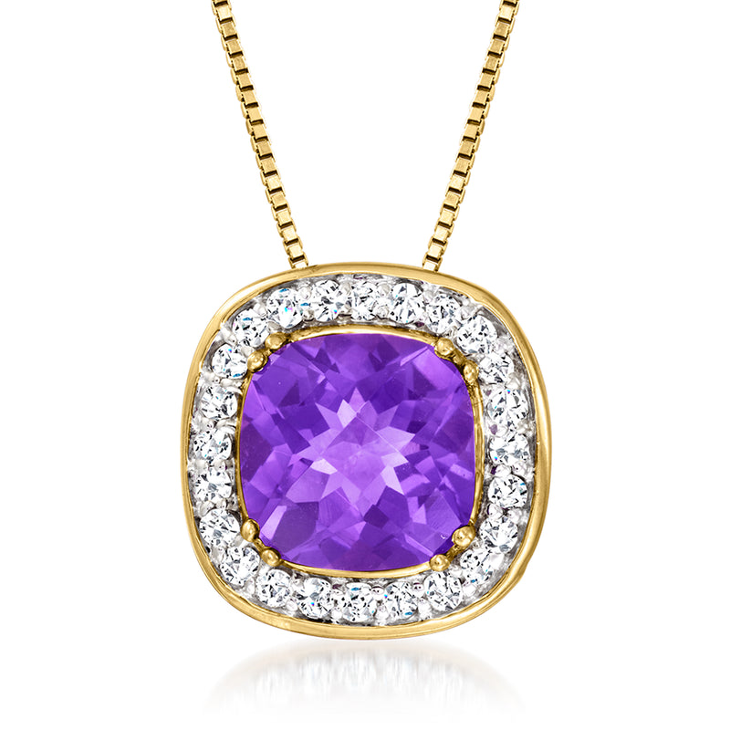 14kt yellow gold necklace with oval amethyst pendant and diamond halo border