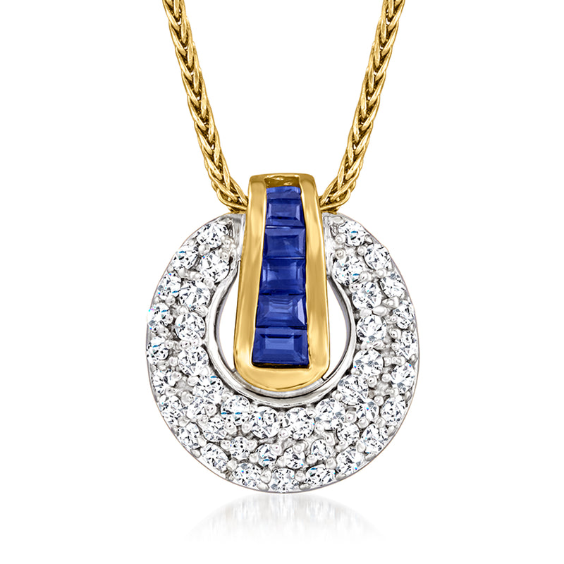 Two-tone gold pendant necklace with blue sapphire center and round diamond halo