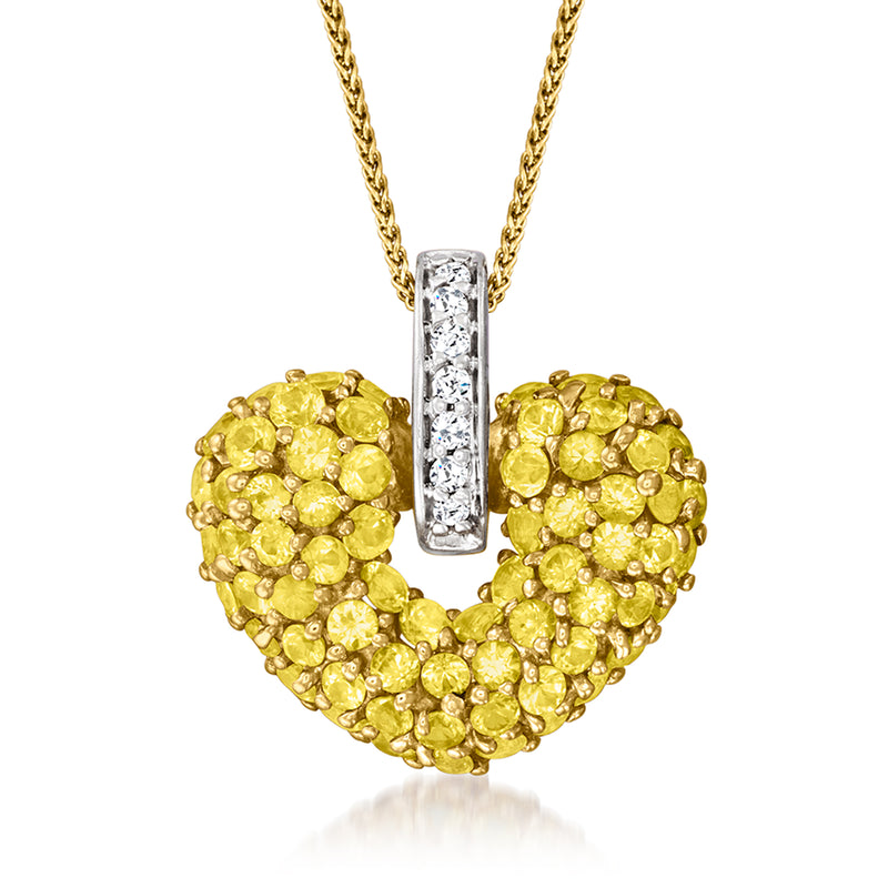 Gold heart pendant necklace with yellow stones and diamond bar centerpiece