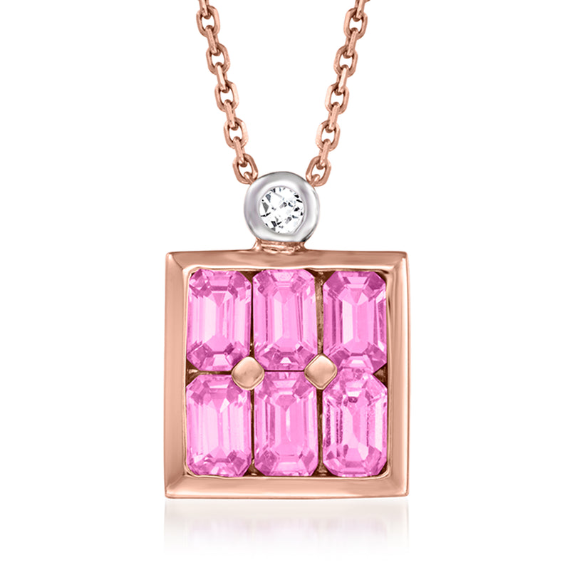 Two-tone gold pendant necklace with pink rectangular sapphire stones and diamond accent