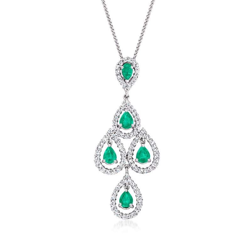 White gold chandelier necklace with emerald-green teardrop stones and diamond accents