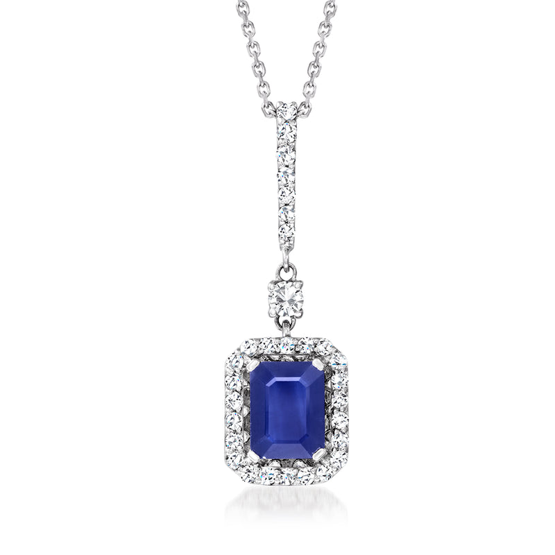 Square sapphire and diamond halo pendant necklace in 14kt white gold