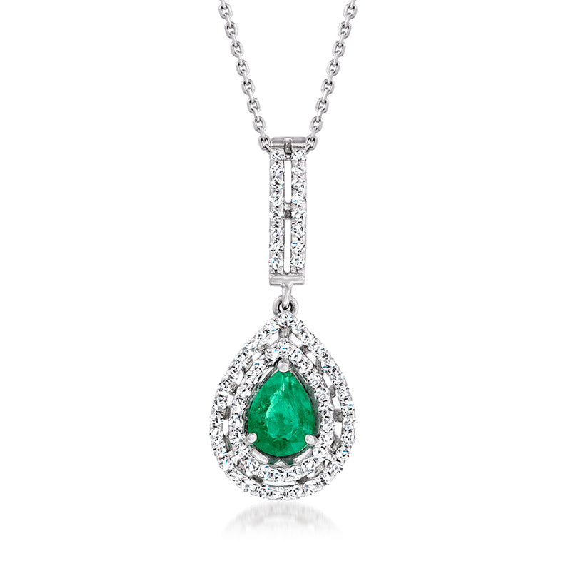 14kt white gold diamond pendant necklace with pear emerald teardrop halo