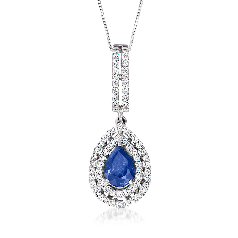 14k white gold pendant necklace with pear-shaped sapphire in diamond halo