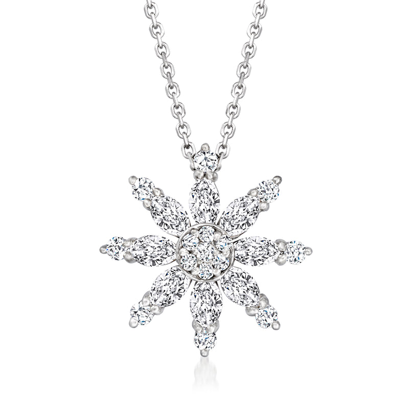 Diamond flower necklace with round center and prong-set stones on white gold chain